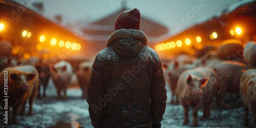 A man stands on a large pig farm in a gloomy gray environment.