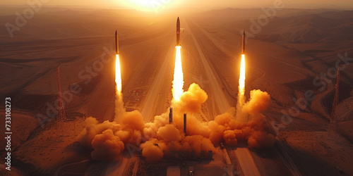 Group launch of ballistic missiles at the test site.