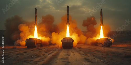 Group launch of ballistic missiles at the test site.