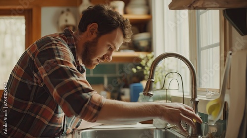 A man trying to fix a faucet in the kitchen photo