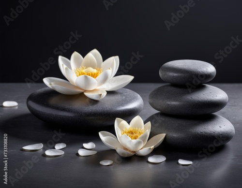 Water lily with spa stones with reflection on a black background. AI generated.