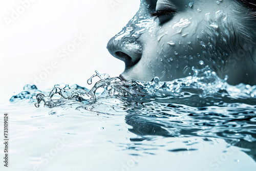 Blue Waves of Tranquil Freshness: A Woman Embracing Nature's Pure Beauty and Serene Abundance of Water Droplets.