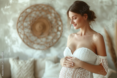 Happy pregnant woman in bridal attire gently cradling her belly, radiating joy and love. photo