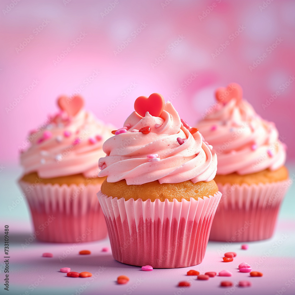 Romantic Pink Frosted Cupcakes with Heart-Shaped Toppings and Sprinkles