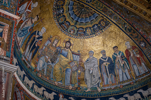 apse, mosaic with the Coronation of the Virgin, 12th century, work of Pietro Cavallini, The Basilica of Santa Maria in Trastevere, Founded in the 3rd century by Pope Callistus I, Rome, Lazio, Italy