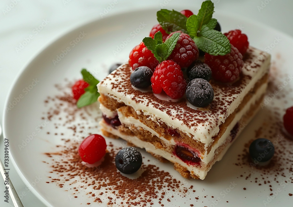 Delicious Tiramisu cake with fresh berries and mint on a plate on a light background. Delicious Tiramisu cake with fresh berries and mint on a plate on a light background.