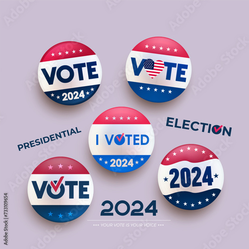 Presidential election 2024 , red, blue vote vector button set. Collection of Vote, badges in American style, color and design. Badge isolated on white background. Vector illustration.