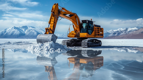 Lithium mining in a white salt lake in South America, AI generated photo