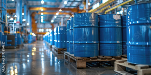 Rows of blue industrial drums stored in a warehouse, symbolizing mass storage and logistics.