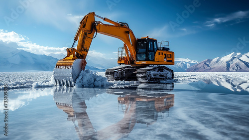 Lithium mining in a white salt lake in South America, AI generated photo