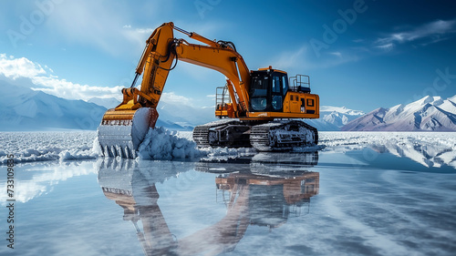 Lithium mining in a white salt lake in South America, AI generated