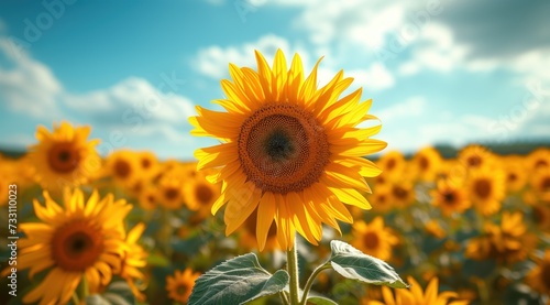 Golden sunflower on field and blue sky stock photo