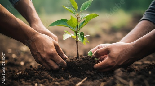 Two men planting a tree concept of world environment day planting forest  nature  and ecology A young man s hands are planting saplings and trees that grow in the soil while working to save the world.