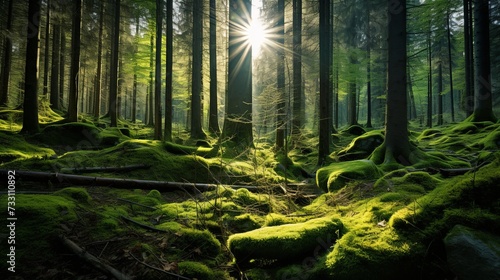 Sun shines through light spruce forest  soil overgrown with moss and fern  mountain range Deister  Lower Saxony Highlands  Niedersachsen  Germany  Europe