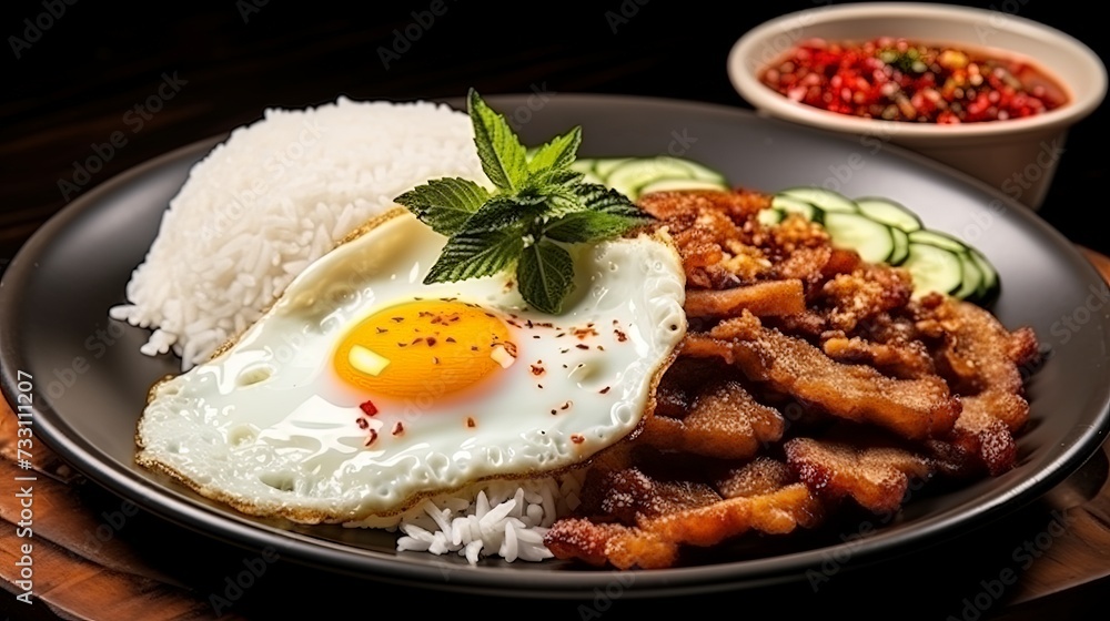 tir-Fried Pork with Garlic and pepper and cooked thai jasmine rice topped with fried egg in white plate,popular Thai food tir-Fried Pork with Garlic and pepper and cooked thai jasmine rice topped with fried egg in white plate,popular Thai food