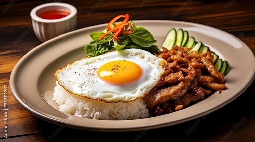tir-Fried Pork with Garlic and pepper and cooked thai jasmine rice topped with fried egg in white plate,popular Thai food tir-Fried Pork with Garlic and pepper and cooked thai jasmine rice topped with fried egg in white plate,popular Thai food
