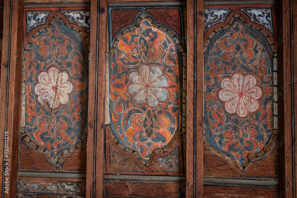 Mudejar coffered ceiling from the 14th century, cloister of Santo Domingo de Silos, Burgos province, Spain Mudejar coffered ceiling from the 14th century, cloister of Santo Domingo de Silos, Burgos province, Spain