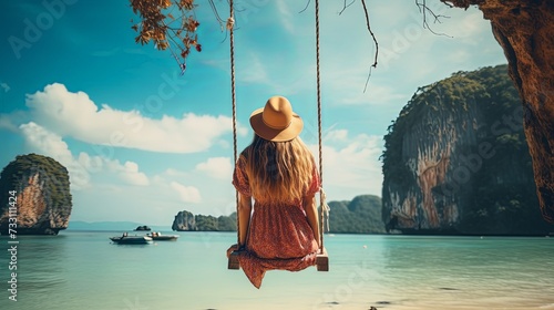 Traveler woman relaxing on swing above Andaman sea Railay beach Krabi, Leisure tourist travel Phuket Thailand summer holiday vacation trip, Beautiful destinations place Asia, Happy dream concept © chanidapa