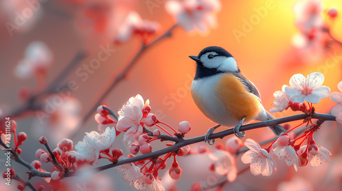 spring has come and a beautiful bird sits on a branch in the morning, © Anton