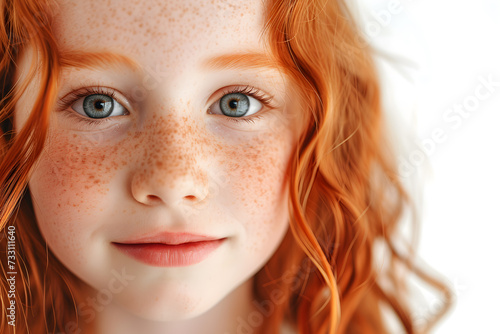 Closeup portrait of pretty red hair little girl isolated on white background
