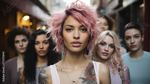 beautiful girl with pink hair in a company of equally beautiful girls
