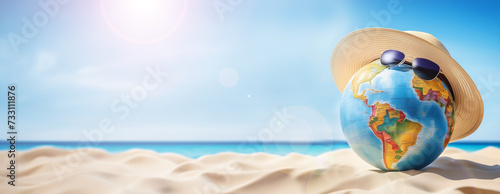 Tropical background. Globe on sea beach in sunny day. Copy space for text