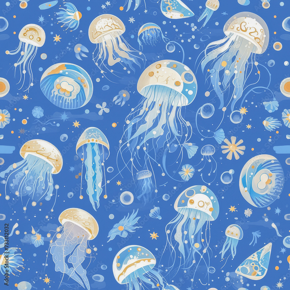 blue Underwater jellyfish as a background on a seamless tile, ai generated blue Underwater jellyfish as a background on a seamless tile, ai generated