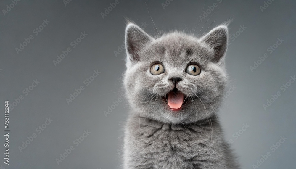 studio portrait of blue british shorthair kitten looking at camera with mouth open on gray background with copy space for advertisement