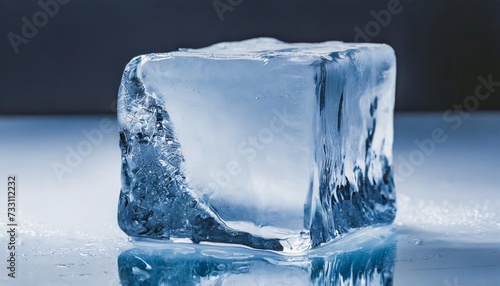 crystal clear natural ice block in light blue tones on a white reflective surface