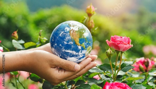 earth day or world environment day concept save our planet restore and protect green nature sustainable lifestyle and climate literacy theme blooming rose flower garden and globe in hand 22 april photo