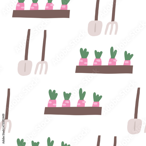 Cute farm, village, countryside theme seamless pattern. Funny hand drawn doodle repeatable pattern with garden tools, forks, shovel, garden bed. Rural life background with farm animals