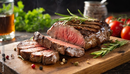 grilled sliced beef steak on a wooden board