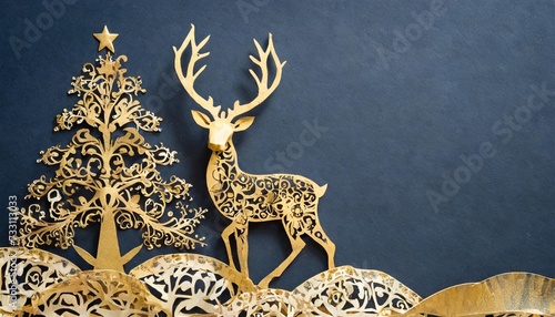 paper cut style christmas themed dark blue card with golden deer ornate
