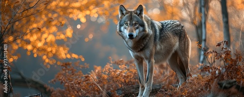 Wolf in Autumn forest with orange yellow colors in background.