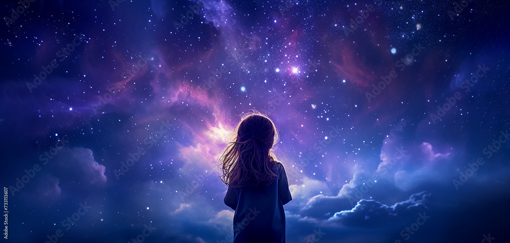 Cute little girl looks at the night sky with galaxies, reflects on the vastness of the universe. Dark background, dark purple colors. Vertical image