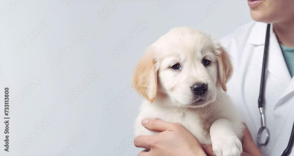 Cute puppy in the hands of a veterinarian in a white coat, light background. Close-up. Copy space. Banner.