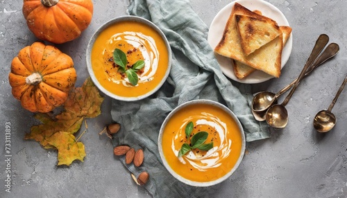 pumpkin cream soup with toasts on a gray concrete background cozy thanksgiving dinner top view flat lay