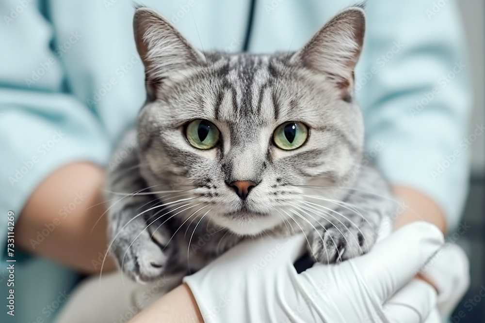 Gray tabby cat in the hands of a veterinarian for examination. Gray tabby cat in the hands of a veterinarian for examination.