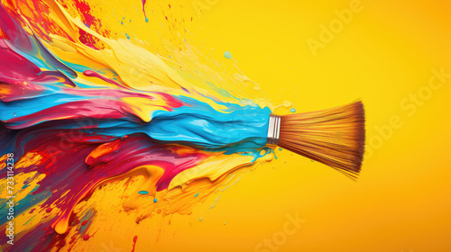 Colorful paint brush splashes on canvas. Row of artist paintbrushes closeup on artistic canvas
 photo