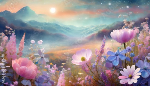 dreamy surreal fantasy flowers landscape pastel colours desaturated digital illustration photo
