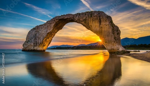 beautiful anticrepuscular arch in sunset photo