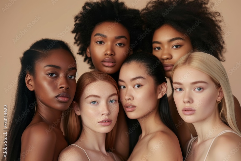 Beauty. Portrait of a group of diversity models. Multi-ethnic women with different skin types posing on a beige background. Tender multicultural girls stand together and look at the camera. 