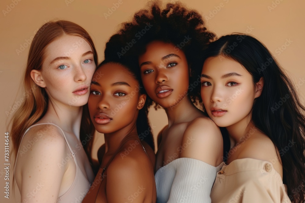 Beauty. Portrait of a group of diversity models. Multi-ethnic women with different skin types posing on a beige background. Tender multicultural girls stand together and look at the camera. Beauty. Portrait of a group of diversity models. Multi-ethnic women with different skin types posing on a beige background. Tender multicultural girls stand together and look at the camera.