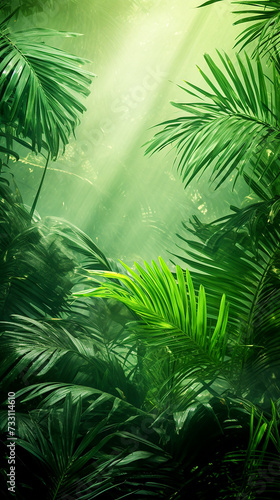 Background with greenery  green palms and banana leaves. Sun rays.