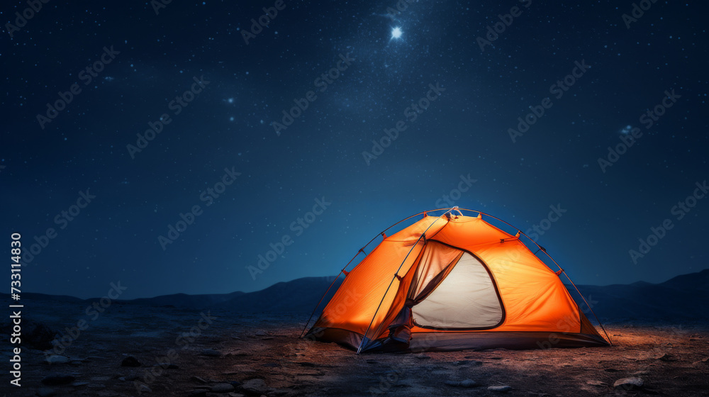 Bright orange tent on a mountain top under a starry night sky.	
