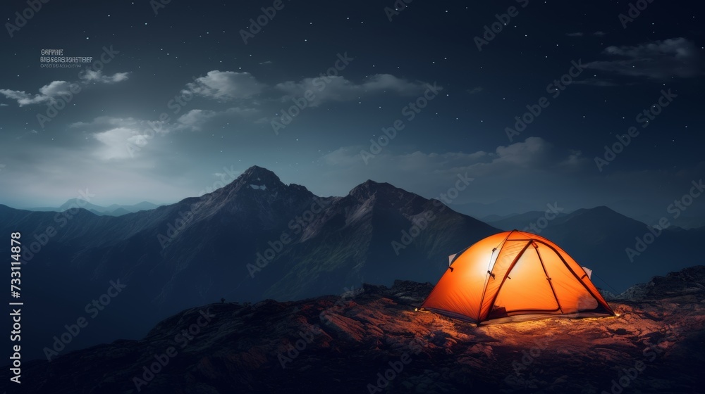 Bright orange tent on a mountain top under a starry night sky.	
