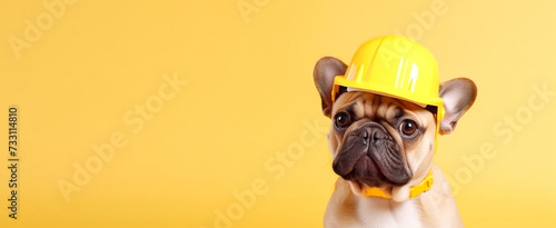 funny dog in a yellow helmet on a yellow background, dressed as an engineer. Banner photo