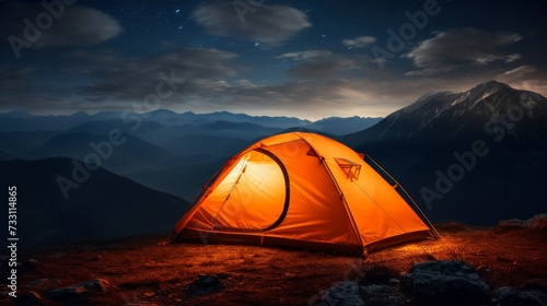 Bright orange tent on a mountain top under a starry night sky. 