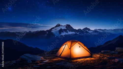 Bright orange tent on a mountain top under a starry night sky.   © AIExplosion