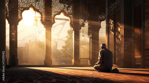 A solitary person is praying in a serene, ornately designed mosque with sunlight streaming through the windows